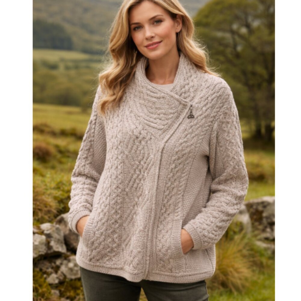 NWT Aran Crafts Sweater Women Large Beige Merino Wool Side Zip Jacket‎ Irish XL